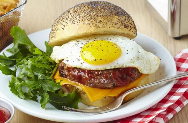 Steak With Fried Egg Burger, French Fries