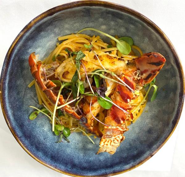 Grilled spiny lobster, linguine pasta, garlic and chilli peppers