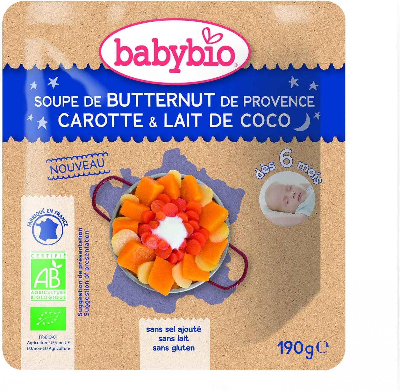 BabyBio Poche Soupe Butternut Carottes et Lait de Coco 190 g 
