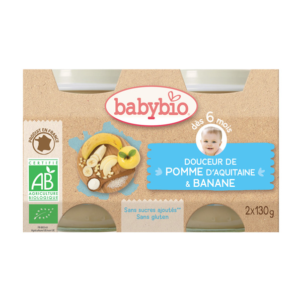 BabyBio Petits Pots Pomme Banane Dès 6 Mois 130 g x 2