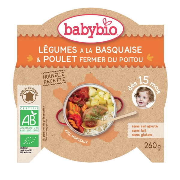 BabyBio Assiette Menu Légumes Basquaise Poulet 260 g
