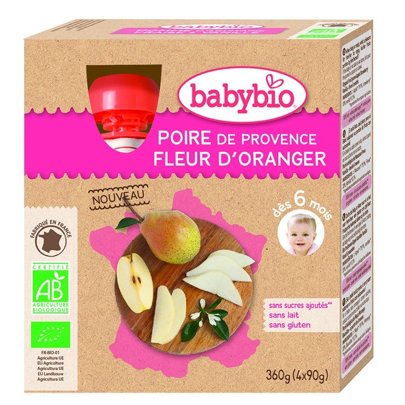 BabyBio Gourdes Poire Fleur Oranger BabyBio 90 g x 4 