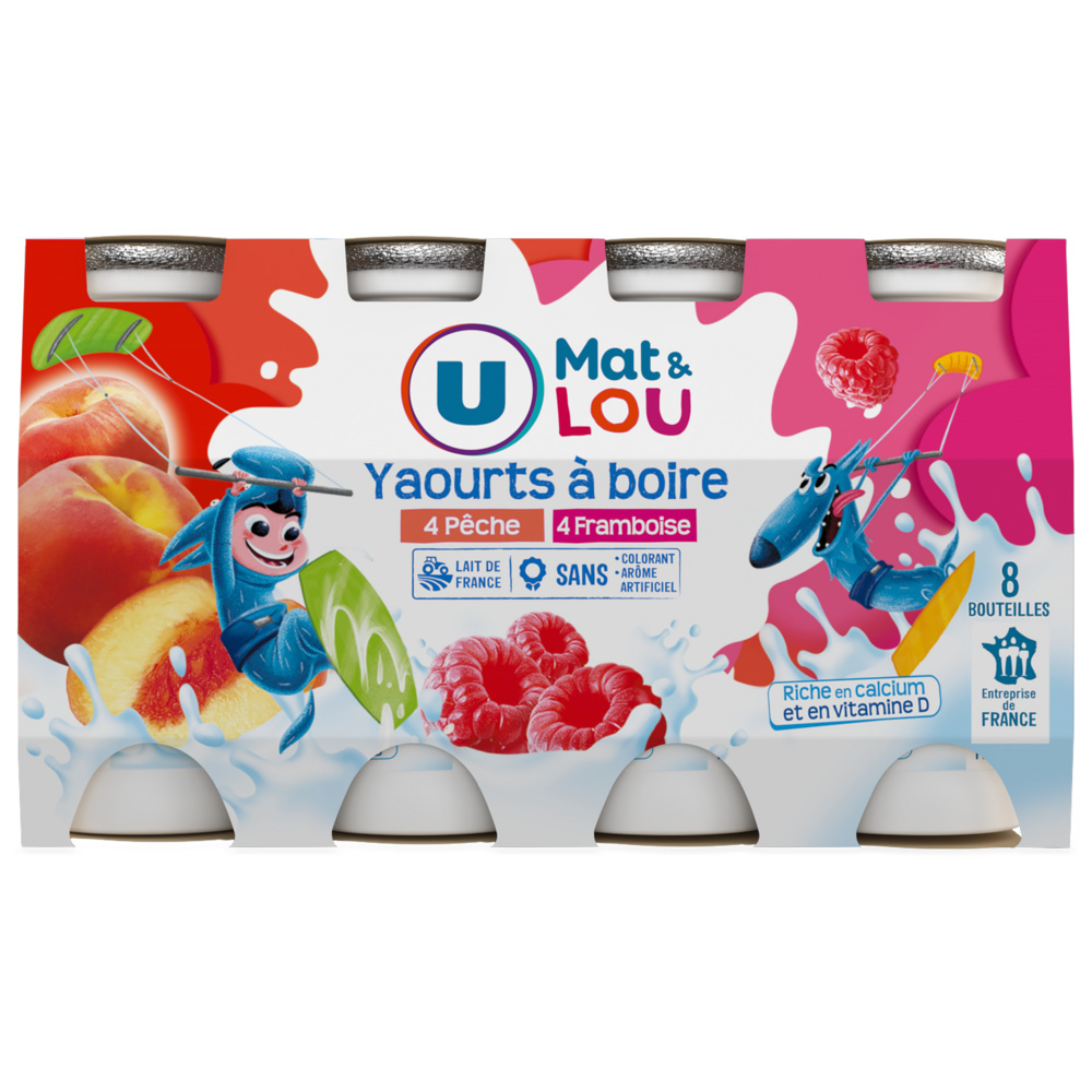 Yaourt à boire aux fruits et aromatisé à la pêche et à la framboise