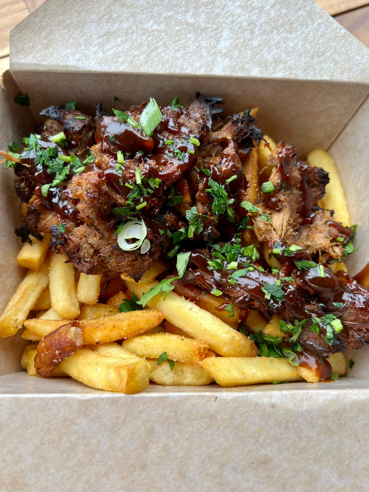 The French fries and bbq pulled pork